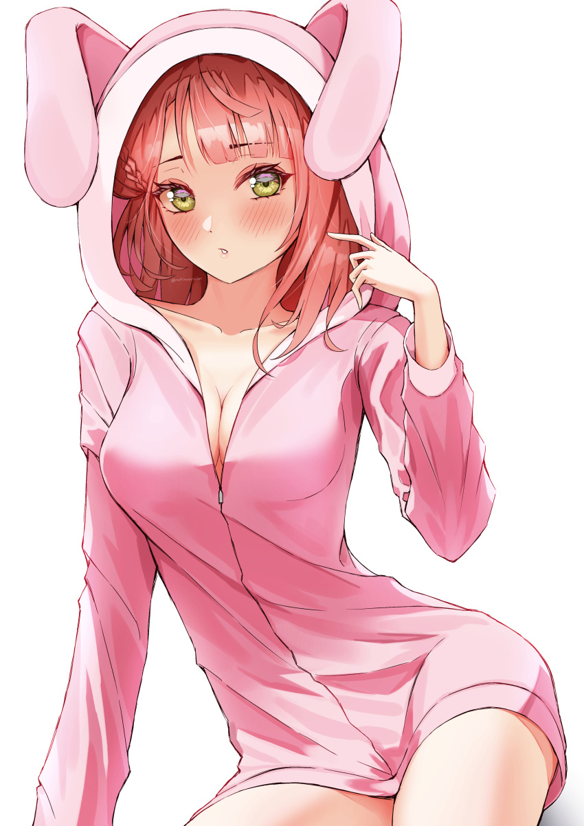 absurdres animal_hood blush breasts cleavage commentary female green_eyes hair_bun hand_up highres hood hood_up hooded_jacket jacket long_sleeves looking_at_viewer love_live! love_live!_nijigasaki_high_school_idol_club medium_breasts notinversion parted_lips rabbit_hood red_hair short_hair simple_background single_side_bun solo uehara_ayumu white_background