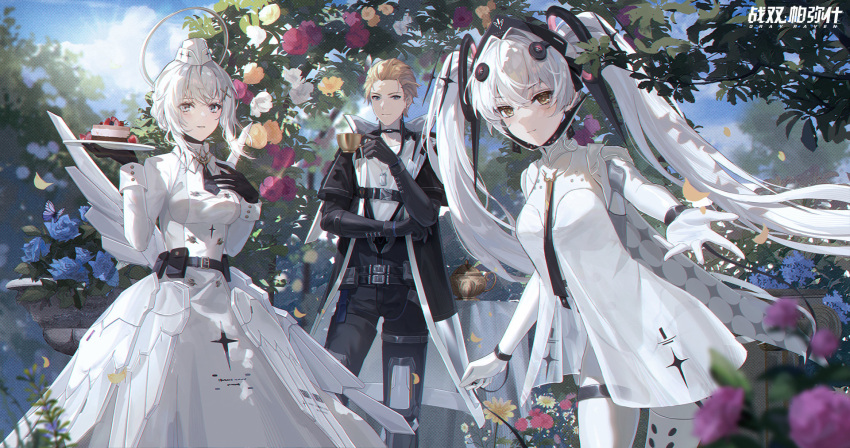 1boy 2girls artist_request black_gloves blonde_hair blue_sky cake chrome:_glory_(punishing:_gray_raven) chrome_(punishing:_gray_raven) cloud cuffs cup dress falling_leaves flower food gloves halo highres holding holding_cup holding_plate leaf liv:_empyrea_(punishing:_gray_raven) liv_(punishing:_gray_raven) long_hair luna:_laurel_(punishing:_gray_raven) luna_(punishing:_gray_raven) mechanical_parts multiple_girls official_art outdoors outstretched_hand parted_lips plate punishing:_gray_raven sky smile sun table teapot twintails white_dress white_hair