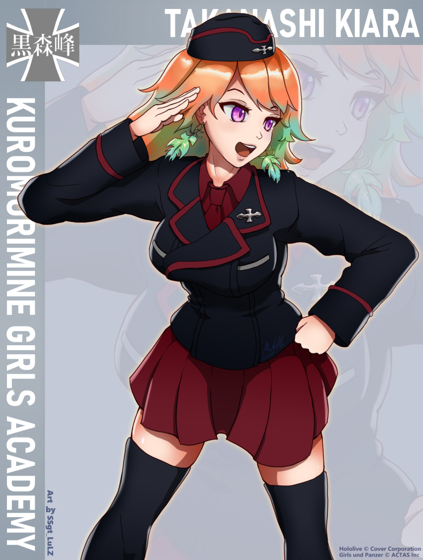 artist_name black_thighhighs breasts buttons crossover double-breasted drop_earrings earrings emblem feather_earrings feathers female girls_und_panzer gradient_background green_hair hand_on_own_hip highres hololive hololive_english jewelry kuromorimine_(emblem) kuromorimine_military_uniform lapel_pin large_breasts lips looking_to_the_side maltese_cross miniskirt open_mouth orange_hair pink_hair red_skirt salute skirt solo ssgt-lulz swept_bangs takanashi_kiara thighhighs virtual_youtuber zettai_ryouiki zoom_layer