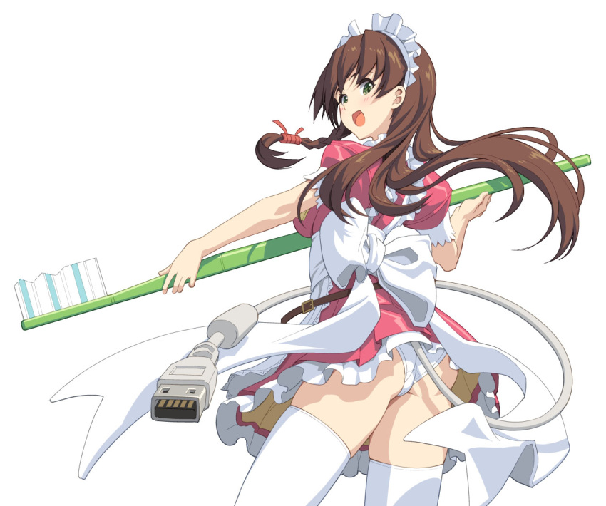 ass braid brown_hair cyberdoll_may dress female from_behind green_eyes hand_maid_may long_hair looking_back maid_headdress mini_person minigirl open_mouth pinakes pink_dress short_dress short_sleeves smile solo thighhighs thighs toothbrush usb white_thighhighs