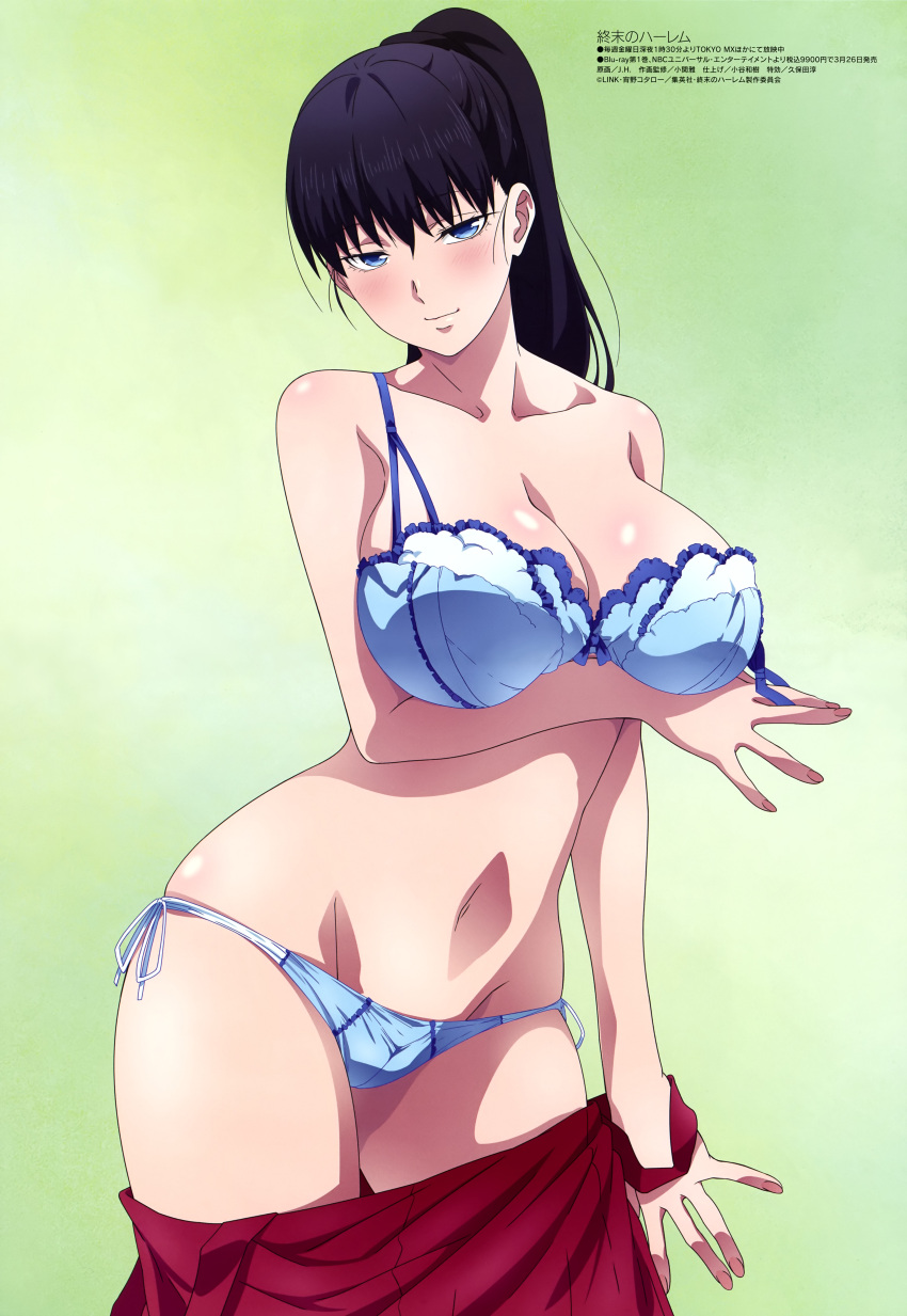 absurdres arm_under_breasts black_hair blue_bra blue_eyes blue_panties bra breasts cleavage closed_mouth collarbone cowboy_shot female green_background hanzawa_jun highres large_breasts long_hair looking_at_viewer lowleg lowleg_panties megami_magazine navel official_art panties ponytail red_skirt scan shuumatsu_no_harem simple_background skirt smile stomach string_panties toudou_akira_(shuumatsu_no_harem) underwear undressing