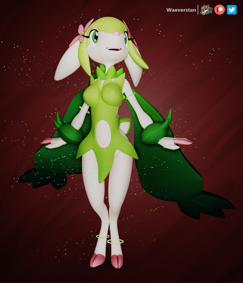 3d_(artwork) anthro breasts cloak clothing deer digital_media_(artwork) elemental_creature fakemon faunazon female flapcats flora_fauna flower fur green_body green_eyes happy head_flower hi_res hooves mammal nintendo open_mouth pink_hooves pivoted_ears plant pokemon pokemon_(species) simple_background solo teeth white_body white_fur