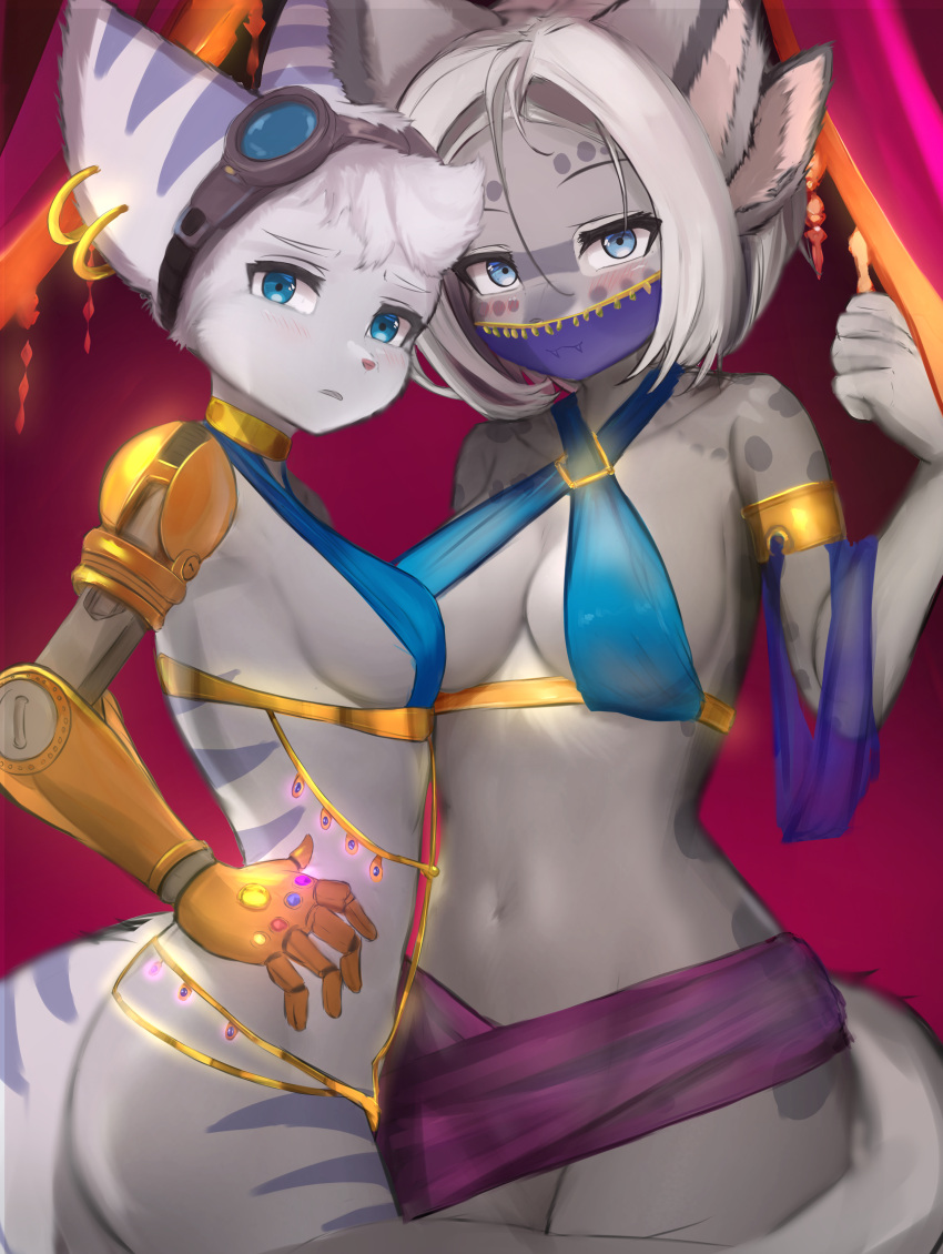 absurd_res anthro blue_eyes blush cybernetic_arm cybernetic_limb duo ear_piercing ear_ring eyewear eyewear_on_head felid female fur furmessiah_(character) goggles goggles_on_head grey_body grey_fur hair harem harem_outfit hi_res kemono lilkon lombax mammal navel piercing pink_nose ratchet_and_clank ring_piercing rivet_(ratchet_and_clank) sony_corporation sony_interactive_entertainment white_body white_fur white_hair