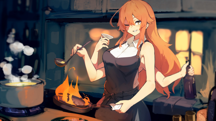 alcohol apron bare_arms bare_shoulders black_apron blurry blurry_background bottle breasts commentary_request commission cooking extra_arms female fire frying_pan grin hair_between_eyes highres holding indoors kitchen lansane large_breasts long_hair looking_at_viewer one_eye_closed orange_hair original pot quadriri_(lansane) shirt skeb_commission smile solo white_shirt wine wine_bottle