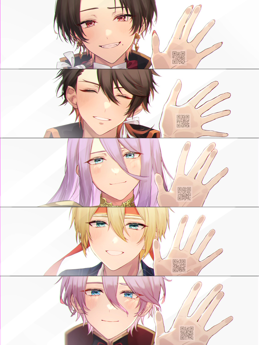 5boys ^_^ absurdres against_glass aqua_eyes blonde_hair blue_eyes brown_hair closed_eyes earrings grin hachisuka_kotetsu hachisuka_kotetsu_(kiwame) headband highres jewelry kasen_kanesada kasen_kanesada_(kiwame) kashuu_kiyomitsu kashuu_kiyomitsu_(kiwame) male_focus mole mole_under_mouth multiple_boys mutsu-no-kami_yoshiyuki mutsu-no-kami_yoshiyuki_(kiwame) purple_hair qr_code red_eyes smile touken_ranbu translation_request upper_body yamanbagiri_kunihiro yamanbagiri_kunihiro_(kiwame) yonemaru