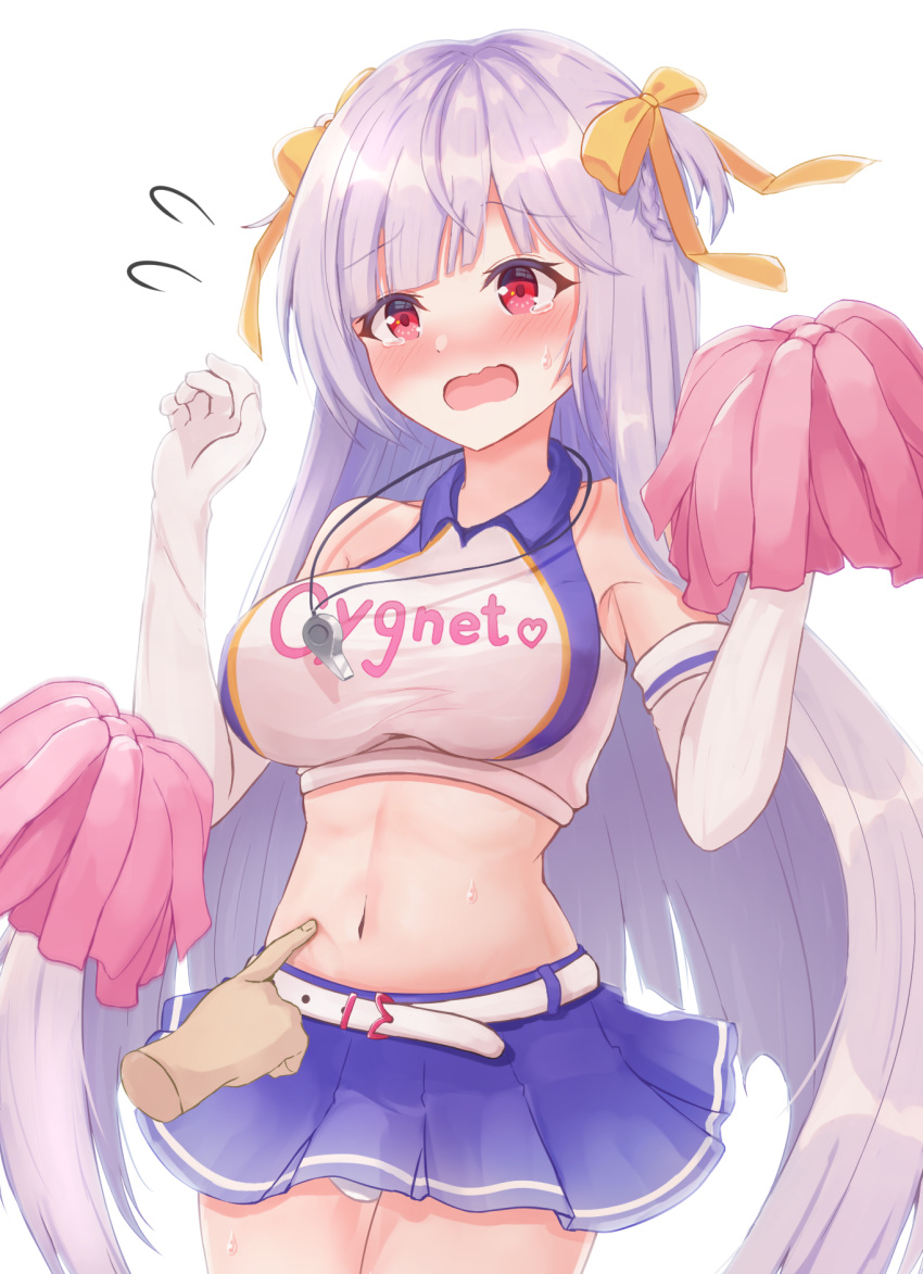 azur_lane bare_shoulders belt blush braid breasts character_name cheerleader clothes_writing collared_shirt commentary_request cowboy_shot crop_top cygnet_(azur_lane) cygnet_(royal_fanfare)_(azur_lane) disembodied_hand double_bun elbow_gloves female flying_sweatdrops gloves hair_bun hair_ribbon highres hikkyou large_breasts long_hair midriff miniskirt navel nose_blush official_alternate_costume open_mouth panties pantyshot poking_belly pom_pom_(cheerleading) purple_skirt red_eyes ribbon shirt sidelocks simple_background single_side_bun skirt sleeveless solo_focus standing sweatdrop tears underwear w_arms wavy_mouth whistle whistle_around_neck white_background white_belt white_gloves white_hair white_panties white_shirt