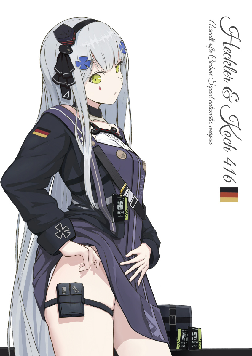 absurdres amamizu_shizuku black_jacket character_name clothes_lift commentary_request cowboy_shot cursive dress dress_lift english_text facial_mark female german_flag girls'_frontline green_eyes grey_hair headgear highres hk416_(girls'_frontline) hk416_(mod3)_(girls'_frontline) jacket lifting_own_clothes long_hair long_sleeves looking_at_viewer military_jacket open_clothes open_jacket pouch simple_background solo standing teardrop thigh_pouch thighs very_long_hair white_background