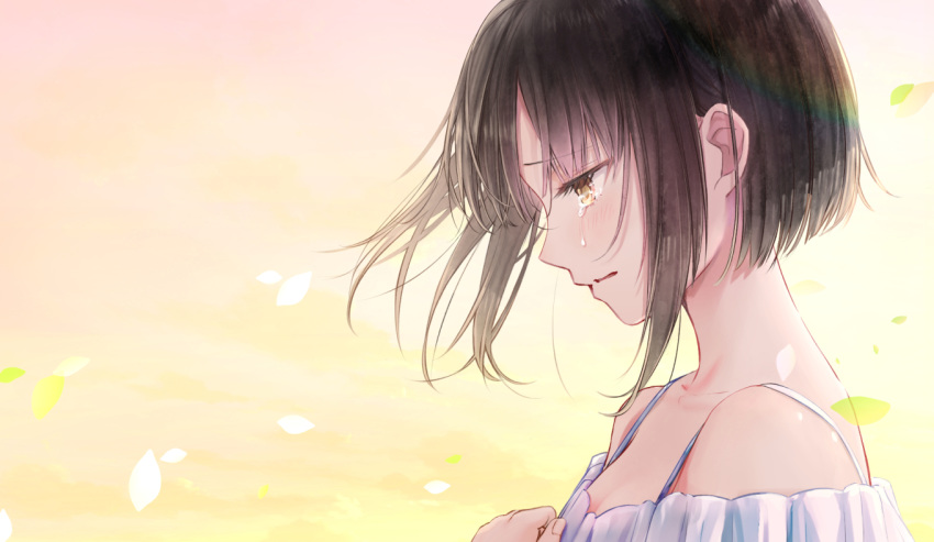 akasaka_asa backlighting bare_shoulders blush bra_strap brown_hair collarbone commentary_request crying crying_with_eyes_open day female from_side hand_on_own_chest lens_flare looking_away looking_down orange_sky original outdoors parted_lips petals pink_sky sad short_hair short_hair_with_long_locks sidelocks sky solo sunlight tears upper_body wind yellow_eyes yellow_sky