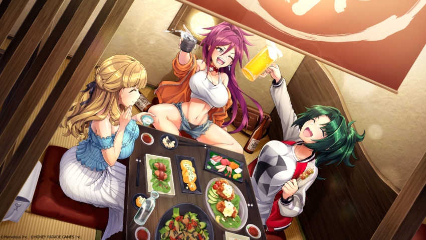 3girls alcohol ayato_utae bag beer blonde_hair blue_ribbon breasts chopsticks closed_eyes copyright_notice cup cushion dolphin_wave food from_above green_hair hair_ribbon handbag harunami_anri highres holding holding_cup indoors jacket kurenashi_yuuri large_breasts long_hair marvelous midriff multiple_girls navel off_shoulder official_art orange_jacket purple_hair raglan_sleeves ribbon sake sharp_teeth shirt short_shorts shorts sitting table teeth white_shirt zabuton