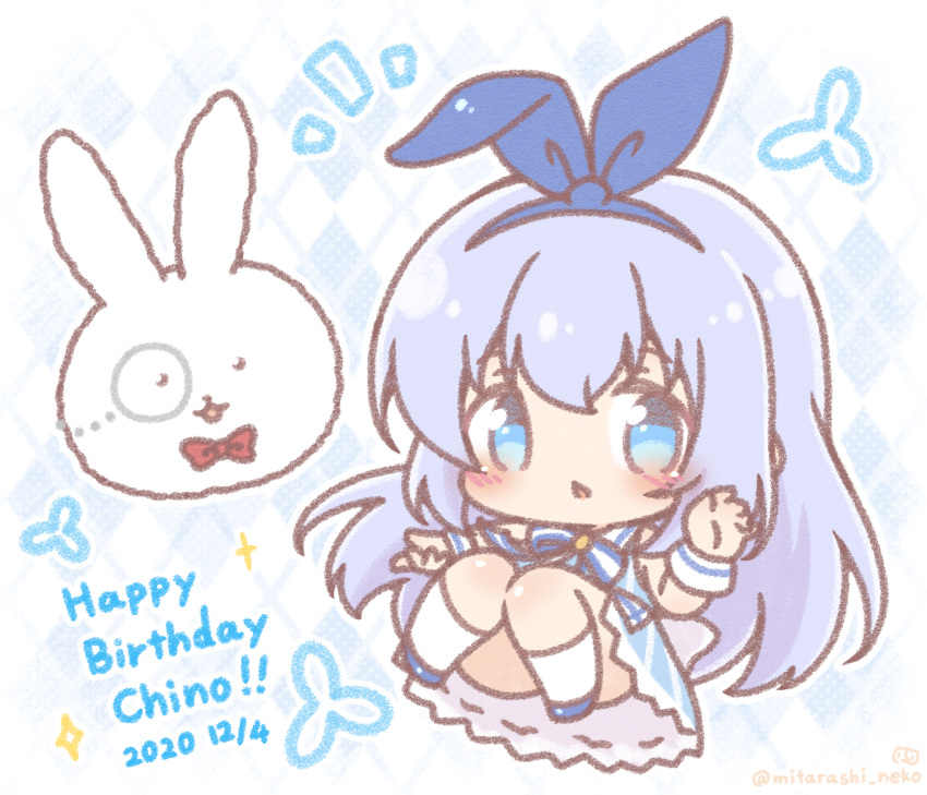 blue_eyes blue_hair blush chibi commentary_request female gochuumon_wa_usagi_desu_ka? hair_ornament happy_birthday highres kafuu_chino long_hair looking_at_viewer mitarashi_neko rabbit_hair_ornament x_hair_ornament