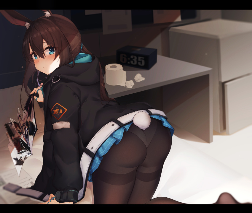 alarm_clock all_fours amiya_(arknights) animal_ear_fluff animal_ears arknights ass atago_(azur_lane) azur_lane belfast_(azur_lane) belfast_(shopping_with_the_head_maid)_(azur_lane) black_jacket black_pantyhose blue_eyes blue_skirt blush brown_hair cabinet clock closed_mouth commentary_request eyelashes female formidable_(azur_lane) from_behind hair_between_eyes highres holding holding_magazine honolulu_(azur_lane) honolulu_(umbrella_girl)_(azur_lane) hood hooded_jacket indoors jacket jewelry jun.bit kneeling letterboxed long_hair long_sleeves looking_at_viewer looking_back magazine_(object) miniskirt open_clothes open_jacket panties panties_under_pantyhose pantyhose pantyshot plaid plaid_skirt pleated_skirt ponytail pornography rabbit_ears rabbit_tail ring shirt sirius_(azur_lane) sirius_(azure_horizons)_(azur_lane) skirt solo tail thighband_pantyhose thighs thumb_ring toilet_paper underwear upskirt used_tissue very_long_hair white_panties