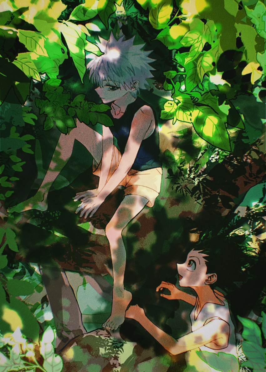 2boys bare_arms bare_shoulders barefoot black_hair blue_eyes brown_eyes closed_mouth commentary_request dappled_sunlight day feet gon_freecss highres hunter_x_hunter in_tree killua_zoldyck leaf looking_at_another male_focus multiple_boys nature open_mouth outdoors shenshan_laolin short_hair shorts sitting sitting_in_tree sleeveless smile sunlight tank_top toes tree white_hair white_tank_top