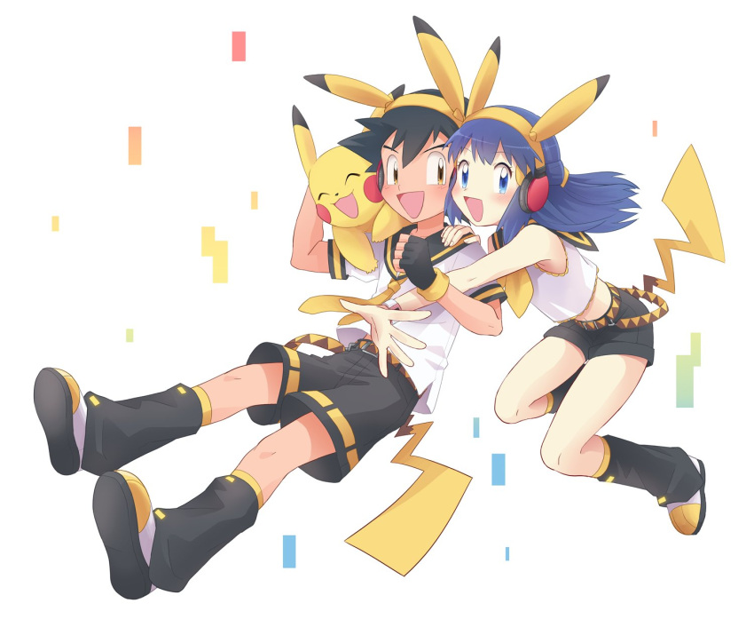 1boy :d alternate_costume black_hair black_shorts black_socks blue_eyes blue_hair blush commentary_request cosplay dawn_(pokemon) dododo_dadada female hairband happy headphones highres kagamine_len kagamine_len_(cosplay) kagamine_rin kagamine_rin_(cosplay) knees leg_warmers long_hair open_mouth pikachu pokemon pokemon_(anime) pokemon_(creature) pokemon_dppt_(anime) pokemon_ears pokemon_tail satoshi_(pokemon) shirt shoes short_hair short_sleeves shorts smile socks spread_fingers tail tongue vocaloid white_shirt yellow_eyes yellow_hairband