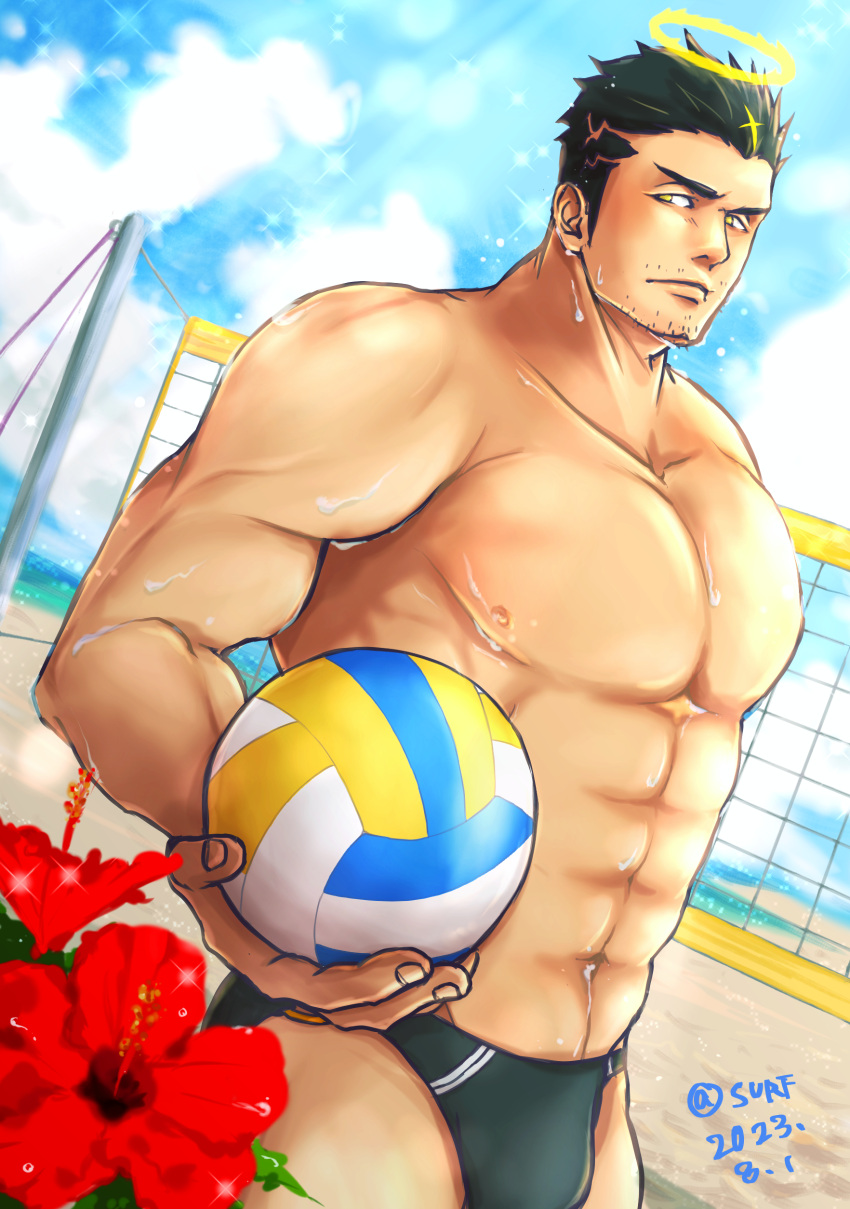 1boy abs absurdres bara beach_volleyball beard_stubble black_hair black_male_swimwear bulge facial_hair feet_out_of_frame fire flaming_halo flower from_below halo highres large_pectorals long_sideburns male_focus male_swimwear mature_male muscular muscular_male mustache_stubble navel nipples pectorals red_flower safu_(maimai3737) short_hair sideburns sideways_glance solo sparse_stubble stomach strongman_waist stubble swim_briefs thick_eyebrows tokyo_afterschool_summoners topless_male volleyball volleyball_net wet zabaniyya_(fashionista_swimsuit)_(housamo) zabaniyya_(housamo)