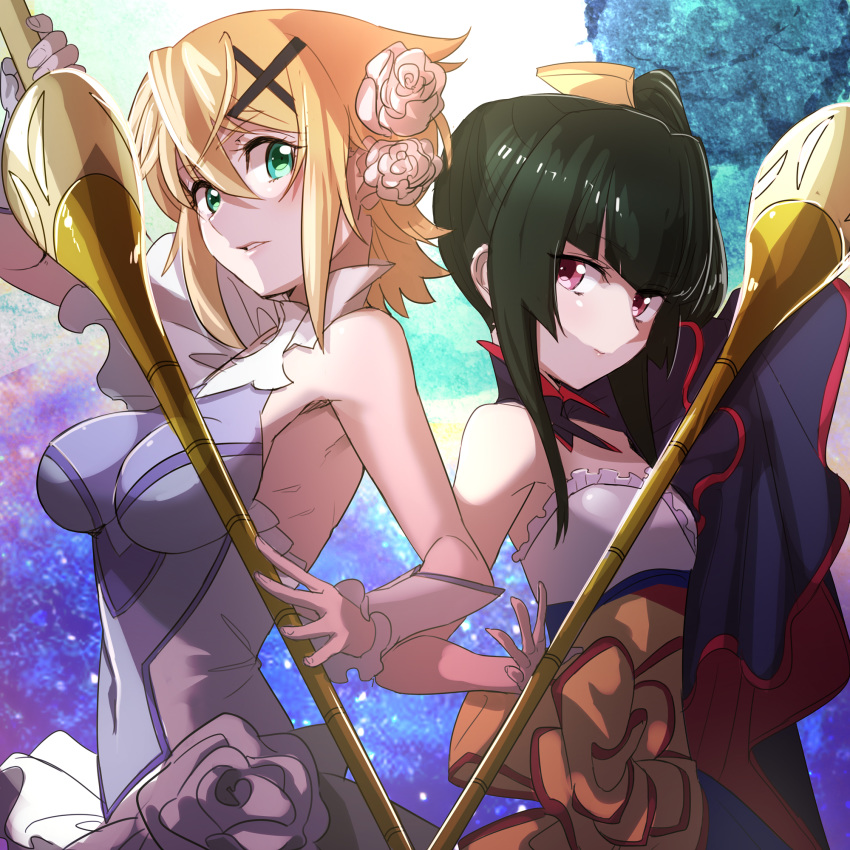 2girls akatsuki_kirika asymmetrical_hair blonde_hair breasts breasts_apart closed_mouth commentary_request commission cosplay covered_navel flower green_eyes green_hair hair_between_eyes hair_flower hair_ornament highres hinomoto_madoka holding holding_weapon kazanari_tsubasa kazanari_tsubasa_(cosplay) lance long_hair looking_at_viewer maria_cadenzavna_eve maria_cadenzavna_eve_(cosplay) medium_breasts multiple_girls parted_lips polearm red_eyes rose senki_zesshou_symphogear short_hair side_ponytail sideboob skeb_commission tsukuyomi_shirabe upper_body weapon white_flower white_rose x_hair_ornament