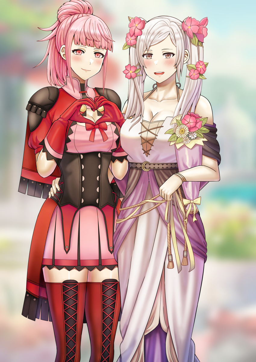 2girls absurdres blurry blurry_background blush bow breasts cleavage collarbone dress english_commentary fire_emblem fire_emblem:_three_houses fire_emblem_awakening fire_emblem_heroes fire_emblem_warriors:_three_hopes flower gloves hair_flower hair_ornament heart heart_hands highres hilda_valentine_goneril large_breasts long_dress long_hair multiple_girls official_alternate_costume official_alternate_hairstyle pink_eyes pink_hair ponytail red_gloves red_thighhighs ribbon robin_(female)_(fire_emblem) robin_(female)_(valentine)_(fire_emblem) robin_(fire_emblem) saikunartworks smile strapless strapless_dress thighhighs twintails white_dress zettai_ryouiki