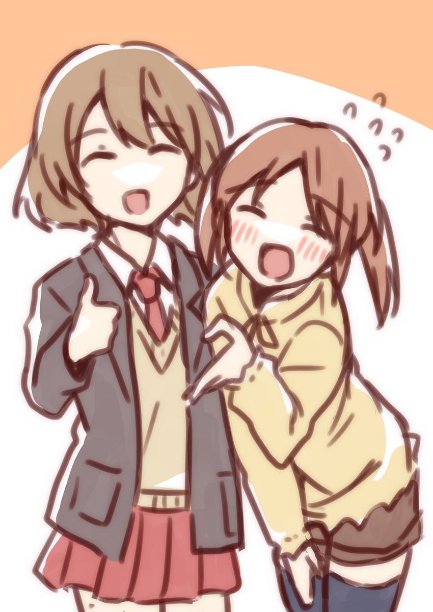 2girls :d black_thighhighs blazer blush brown_eyes brown_hair brown_jacket brown_shorts brown_vest closed_eyes commentary_request happy heart_hands_failure highres hood hoodie jacket long_sleeves multiple_girls open_clothes open_jacket open_mouth orange_background red_skirt sasaki_(suzumiya_haruhi) school_uniform short_hair shorts simple_background skirt smile suzumiya_haruhi_no_yuuutsu sweater_vest tachibana_kyouko_(suzumiya_haruhi) taiki_(6240taiki) thighhighs thumbs_up twintails vest white_background white_thighhighs yellow_hoodie