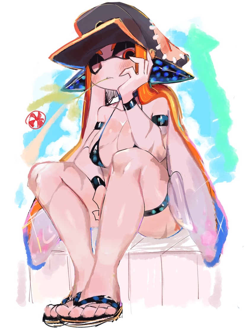 1girls agent_3_(splatoon) agent_3_(splatoon_3) beach big_breasts bikini blush breasts captain_(splatoon_3) cephalopod_humanoid feet hat headphones humanoid inkling inkling_girl long_hair looking_down muscular_female narrowed_eyes object_in_mouth orange_eyes orange_hair pale-skinned_female pale_skin sandals scars sitting splatoon splatoon_(series) splatoon_3 swimsuit swimwear tentacle_hair unamused usa37107692