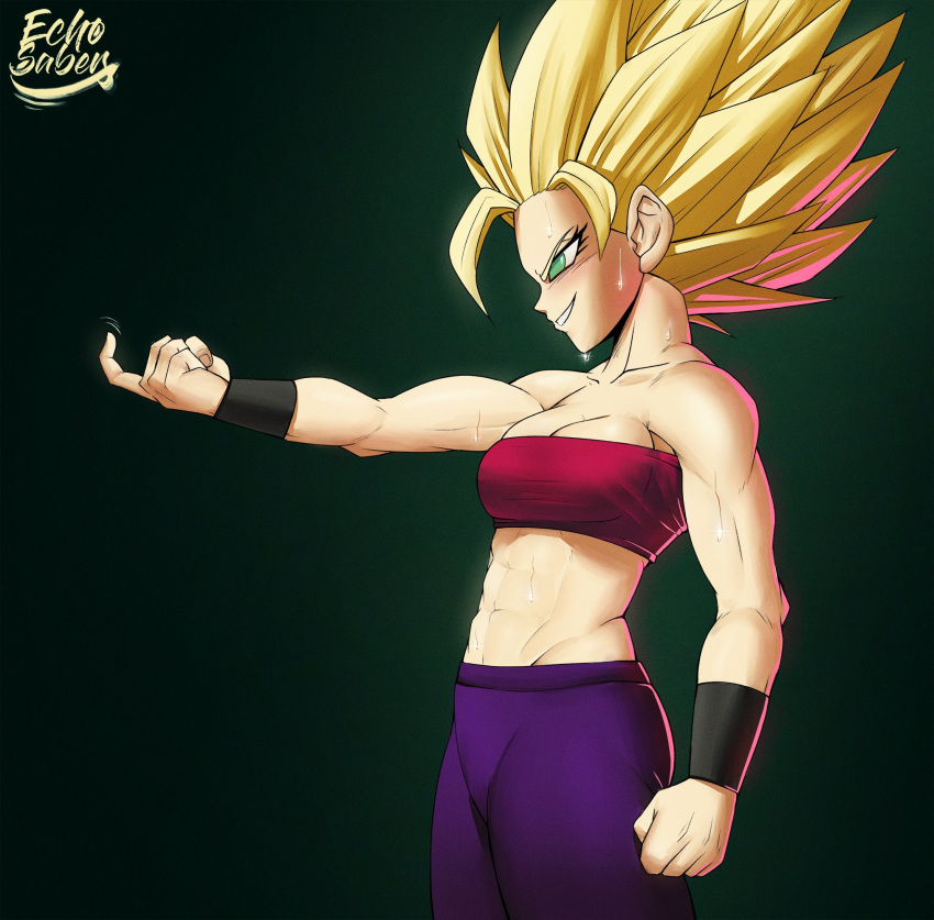 1girls abs absurd_res big_breasts black_eyes blonde_hair blush caulifla clothed dragon_ball dragon_ball_super echosaber female female_only female_saiyan fully_clothed golden_hair highres muscular muscular_female muscular_woman saiyan solo solo_female solo_focus spiky_hair super_saiyan sweat sweatdrop sweating sweaty sweaty_abs universe_6 universe_6/universe_7 universe_6_girls