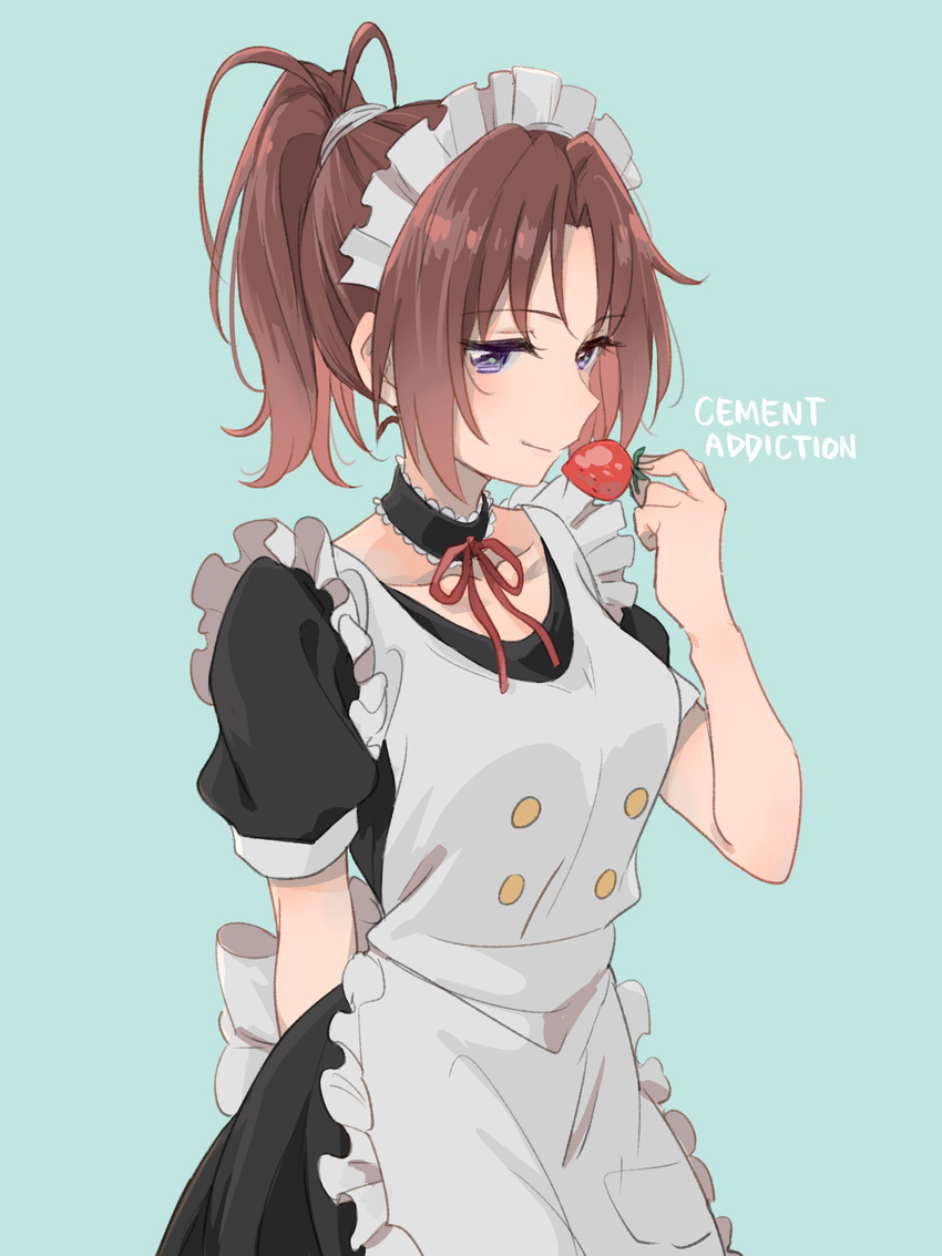 alternate_costume apron aqua_background arm_behind_back blush brown_hair cement_addiction choker collarbone commentary_request cowboy_shot english_text enmaided female food fruit hibike!_euphonium highres holding holding_food holding_fruit light_smile long_hair maid maid_apron maid_headdress musshu_(omu001) nakagawa_natsuki purple_eyes ribbon school_uniform simple_background solo strawberry