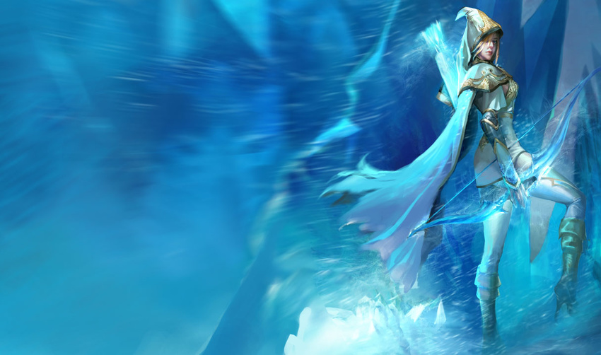 akizhao ashe_(league_of_legends) boots bow_(weapon) cape female freljord_ashe hood ice league_of_legends official_art photoshop_(medium) snow solo thighhighs weapon white_thighhighs