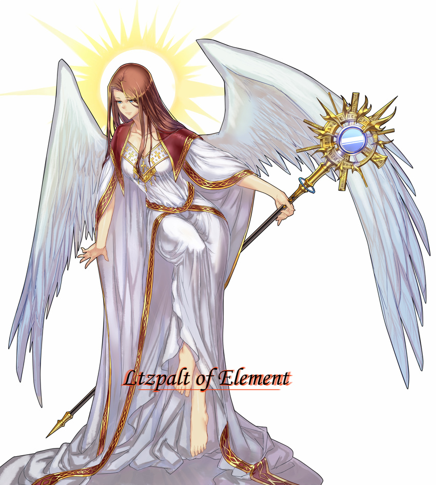 angel_wings bare_arms bare_legs barefoot blue_eyes breasts brown_hair character_name cleavage closed_mouth collarbone commentary_request cross dress elona eyebrows eyelashes eyes_visible_through_hair feathered_wings feathers female full_body genderswap_(mtf) highres holding holding_staff itzpalt_of_element light long_hair looking_away looking_down medium_breasts nose rule_63 runes simple_background solo staff straight_hair sw_(2311550438) white_background white_dress white_wings wings