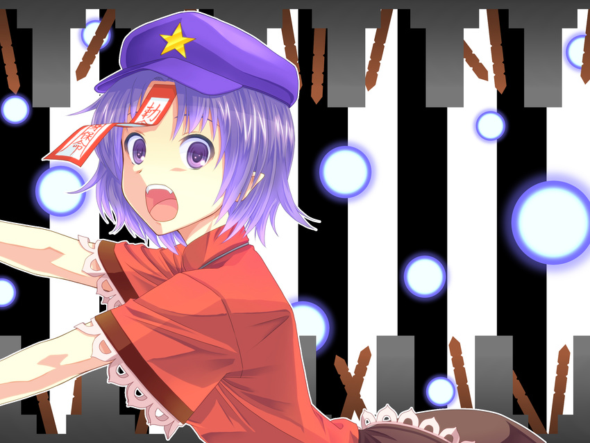 commentary_request female hat hat_ornament highres jiangshi looking_at_viewer miyako_yoshika ofuda open_mouth outstretched_arms purple_eyes purple_hair shimada_(simada_bu) short_hair solo star_(symbol) star_hat_ornament tombstone touhou zombie_pose