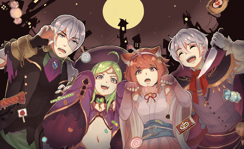 2boys 2girls animal_ears blush cape cat_ears closed_eyes commentary_request dress fire_emblem fire_emblem_awakening fire_emblem_fates fire_emblem_heroes formal gloves green_hair grey_hair hairband henry_(fire_emblem) henry_(halloween)_(fire_emblem) jakob_(fire_emblem) jakob_(halloween)_(fire_emblem) japanese_clothes kimono long_hair looking_at_viewer low_ponytail multiple_boys multiple_girls mystical_high_collar nowi_(fire_emblem) nowi_(halloween)_(fire_emblem) open_mouth pink_hair ponytail purple_eyes red_hair sakura_(fire_emblem) sakura_(halloween)_(fire_emblem) scar short_hair shy_(ribboneels) smile suit white_hair witch zombie