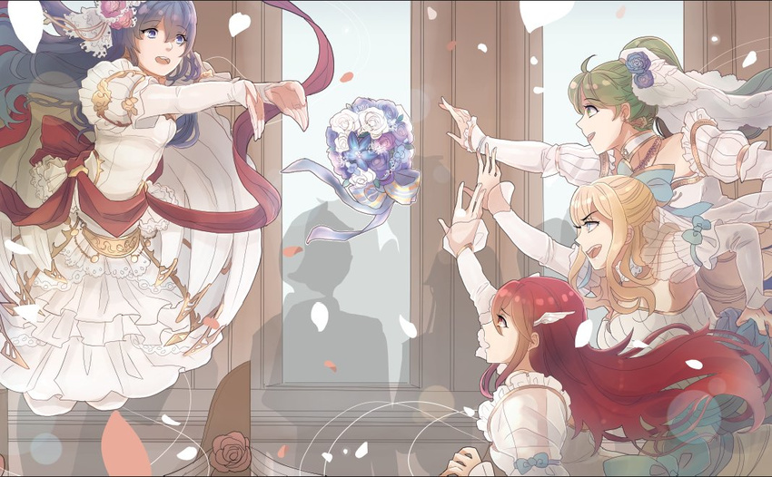 4girls blue_eyes blue_hair blush bouquet breasts bridal_veil bride bride_(fire_emblem) caeda_(bridal)_(fire_emblem) caeda_(fire_emblem) charlotte_(bridal)_(fire_emblem) charlotte_(fire_emblem) commentary_request cordelia_(bridal)_(fire_emblem) cordelia_(fire_emblem) dress earrings elbow_gloves fingerless_gloves fire_emblem fire_emblem:_mystery_of_the_emblem fire_emblem:_the_blazing_blade fire_emblem_awakening fire_emblem_fates fire_emblem_heroes flower formal gloves green_eyes green_hair high_ponytail jewelry long_hair lyn_(bridal)_(fire_emblem) lyn_(fire_emblem) medium_breasts multiple_girls official_alternate_costume ponytail red_hair rose shy_(ribboneels) smile veil very_long_hair wedding_dress white_dress white_gloves