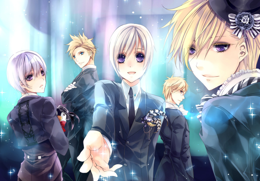 5boys aurora axis_powers_hetalia bad_id bad_pixiv_id bird bishounen blonde_hair blue_eyes cross crossed_arms denmark_(hetalia) feathers finland_(hetalia) formal hair_ornament hairclip huayne iceland_(hetalia) lace light_smile looking_back male_focus multiple_boys necktie norway_(hetalia) open_mouth pale_skin photoshop_(medium) purple_hair scarf shirt spiked_hair spiky star_(symbol) suit sweden_(hetalia) white_hair white_shirt