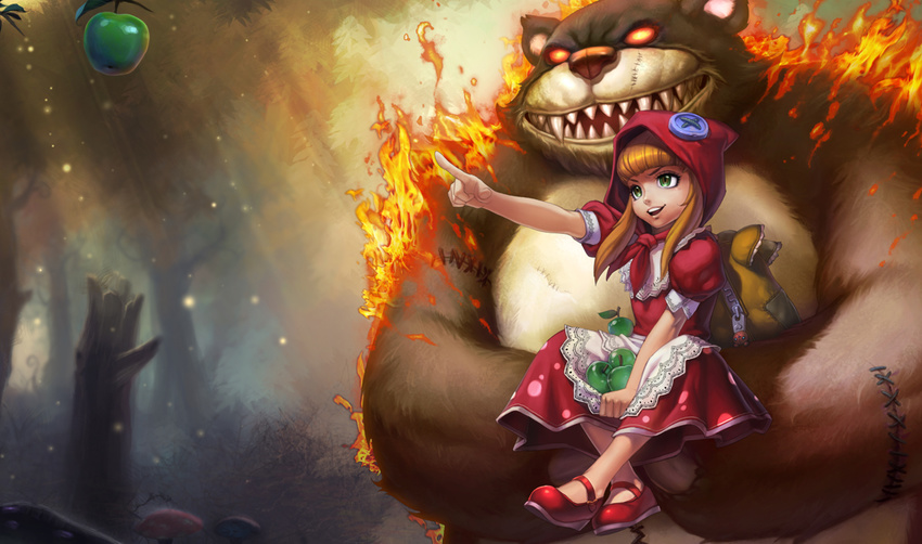 :d alternate_costume annie_(league_of_legends) apple apron backpack bag bag_charm blunt_bangs buttons carrying charm_(object) crossed_legs crossover dress female fire flat_chest food forest from_side fruit glowing glowing_eyes green_apple green_hair holding hood lace large_buttons large_teddy_bear league_of_legends light_rays little_red_riding_hood lolicon long_hair looking_to_the_side mary_janes nature no_socks official_art open_mouth orange_hair outdoors outstretched_arm parody photoshop_(medium) pointing polka_dot puffy_short_sleeves puffy_sleeves red_riding_annie sharp_teeth shoes short_sleeves sitting size_difference smile stitches stuffed_animal stuffed_toy sunbeam sunlight teddy_bear teeth tibbers tree v-shaped_eyebrows waist_apron zipper