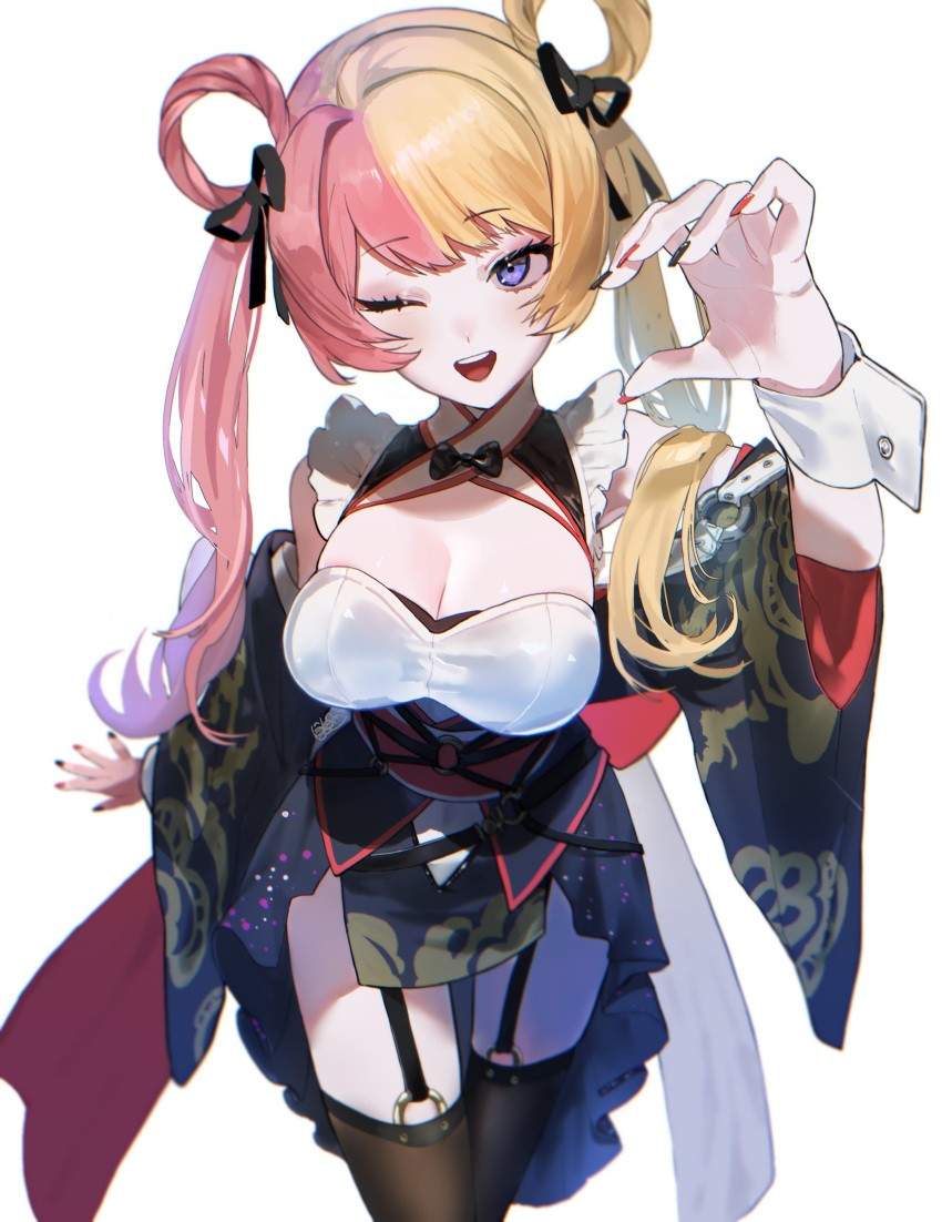 absurdres black_nails breasts cleavage dot_nose dress female garter_straps hair_rings highres japanese_clothes kimono kotoka_torahime kotoka_torahime_(2nd_costume) large_breasts looking_at_viewer luna1116 nail_polish nijisanji nijisanji_en off-shoulder_dress off_shoulder one_eye_closed open_mouth purple_eyes red_nails solo thighhighs twintails virtual_youtuber wrist_cuffs