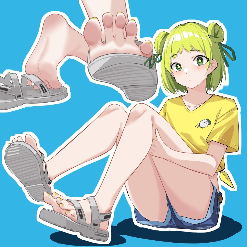 :/ absurdres arched_soles bare_legs blue_background bright_pupils collarbone commentary_request commission dated_commentary denim denim_shorts double_bun feet female flat_chest full_body green_eyes green_hair green_nails green_ribbons grey_footwear hair_bun hair_ribbon highres indie_virtual_youtuber looking_at_viewer mixed-language_commentary multiple_views nail_polish nanase_young outline pixiv_commission print_shirt ribbon shadow shirt short_bangs short_hair short_shorts shorts simple_background slides soles sonoba_shinogi t-shirt toenail_polish toenails toes white_outline yellow_shirt