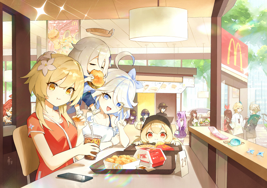 4boys 6+girls ahoge alhaitham_(genshin_impact) alternate_costume amber_(genshin_impact) aranara_(genshin_impact) arm_on_table bag beidou_(genshin_impact) black_hat black_shirt black_thighhighs blonde_hair blue_eyes brown_hair burger casual cellphone cup day eating flip_phone floating flower food furina_(genshin_impact) genshin_impact grey_hair hair_flower hair_ornament halo handbag hat highres holding holding_burger holding_cup holding_food indoors juffles kaveh_(genshin_impact) keqing_(genshin_impact) klee_(genshin_impact) lamp long_hair looking_at_viewer lumine_(genshin_impact) mavuika_(genshin_impact) mcdonald's multicolored_hair multiple_boys multiple_girls nahida_(genshin_impact) open_mouth paimon_(genshin_impact) phone polo_shirt primogem purple_hair purple_skirt raiden_shogun red_eyes red_hair red_shirt shirt short_hair_with_long_locks short_sleeves sidelocks sitting skirt smartphone sparkle streaked_hair sunglasses t-shirt table thighhighs tray tree twintails v venti_(genshin_impact) white_hair white_shirt yellow_eyes zhongli_(genshin_impact)