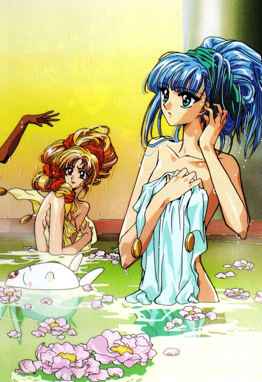 1990s_(style) 2girls animal bathing blue_hair clamp_(circle) convenient_censoring flower highres holding magic_knight_rayearth mokona multiple_girls official_art petals petals_on_liquid presea_(rayearth) retro_artstyle ryuuzaki_umi same-sex_bathing scan shared_bathing water water_drop wet