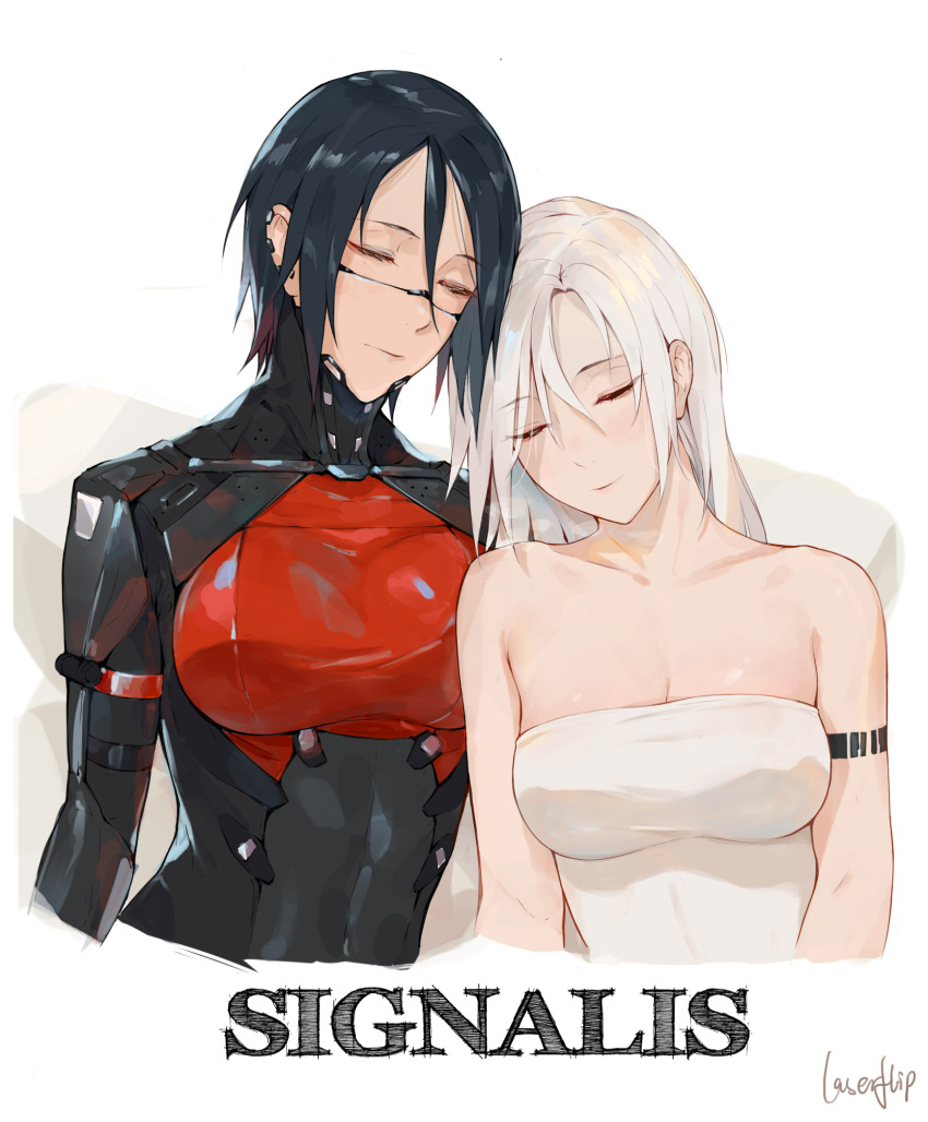 2girls android android_girl ariane_yeong black_hair black_hair_female closed_eyes clothed clothing elster_(signalis) female female_only laserflip leaning light-skinned_female light_skin nipple_bulge rosaline signalis white_background white_hair white_hair_female