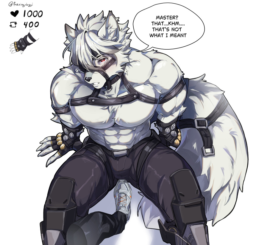 2boys abs absurdres animal_ear_fluff animal_ears arm_strap arm_support arrow_(symbol) artist_name belt black_belt black_choker black_gloves black_pants blush body_fur bulge chest_harness choker collarbone commentary english_commentary english_text eyepatch fartingdoggi fingerless_gloves from_above furry furry_male gloves grey_hair grey_pants hair_between_eyes harness heart highres like_and_retweet looking_at_viewer looking_up male_focus meme multicolored_hair multiple_boys muzzle one_eye_covered pants parted_lips pectorals prosthesis prosthetic_leg red_eyes shoes short_hair simple_background sitting sneakers solo_focus speech_bubble streaked_hair tail tail_belt topless_male twitter_strip_game_(meme) twitter_username von_lycaon white_background white_footwear white_fur white_hair wise_(zenless_zone_zero) wolf_boy wolf_ears wolf_tail zenless_zone_zero