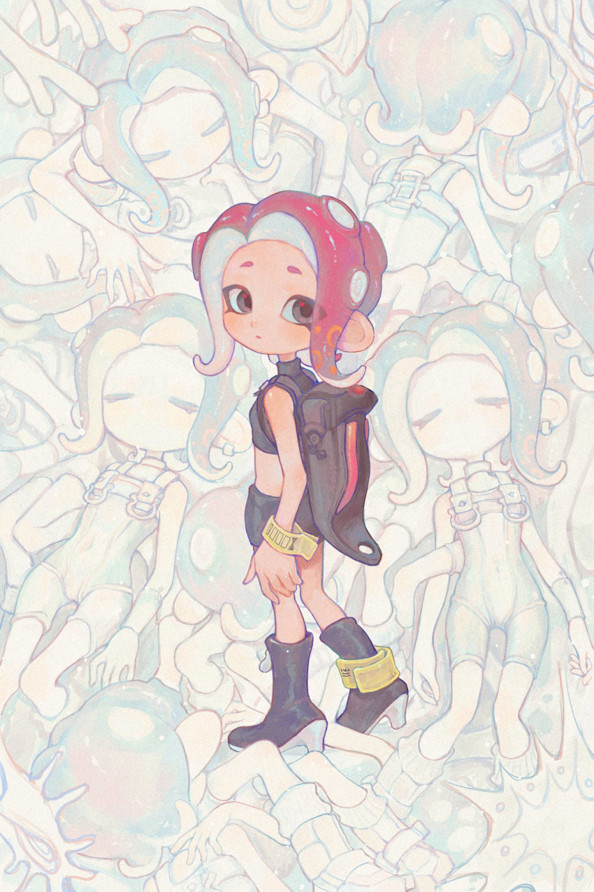 6+girls agent_8_(splatoon) anklet backpack bag black_bag black_eyes black_footwear black_skirt blue_hair bodysuit boots closed_eyes closed_mouth covered_navel crop_top detached_sleeves earrings english_commentary film_grain flat_chest full_body high_heel_boots high_heels highres jewelry liang_cun_rakuna lying medium_hair miniskirt multiple_girls multiple_persona no_mouth octoling octoling_girl octoling_player_character on_back on_stomach pale_skin parted_bangs pencil_skirt pile red_hair single_detached_sleeve single_earring skirt sleeveless sleeveless_bodysuit splatoon_(series) splatoon_2 splatoon_2:_octo_expansion splatoon_3 splatoon_3:_side_order standing suction_cups tentacle_hair white_bodysuit wristband yellow_wristband