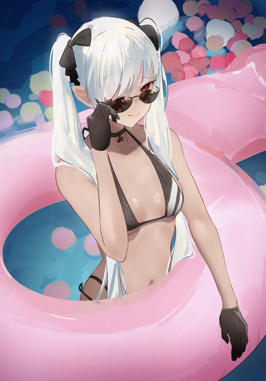 absurdres bare_shoulders bikini black_bikini black_gloves blue_archive choker dark-skinned_female dark_skin female gloves hair_over_one_eye highres innertube iori_(blue_archive) iori_(swimsuit)_(blue_archive) long_hair looking_at_viewer navel pointy_ears red_eyes solo sunglasses swim_ring swimsuit takoyoomi twintails wading