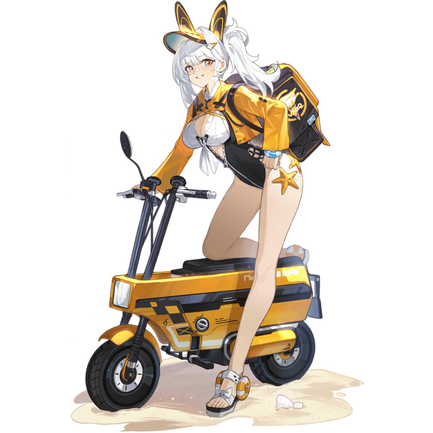 animal_ears bandaid bandaid_on_face bandaid_on_nose bare_legs black_one-piece_swimsuit blue_eyes breasts cleavage cropped_jacket fake_animal_ears feet female food-themed_hair_ornament freckles front_zipper_swimsuit full_body girls'_frontline grin hair_ornament highres honda_motocompo ice_cream_hair_ornament insulated_delivery_bag jacket large_breasts lifebuoy_ornament long_sleeves looking_at_viewer lusa_(girls'_frontline) lusa_(seaside_striker)_(girls'_frontline) medium_hair meme_attire mto_man official_alternate_costume official_art one-piece_swimsuit partially_unzipped rabbit_ears sand sandals seashell shell side_ponytail simple_background smile solo standing starfish swimsuit third-party_source tire toes transparent_background two-tone_swimsuit visor_cap white_footwear white_hair yellow_jacket