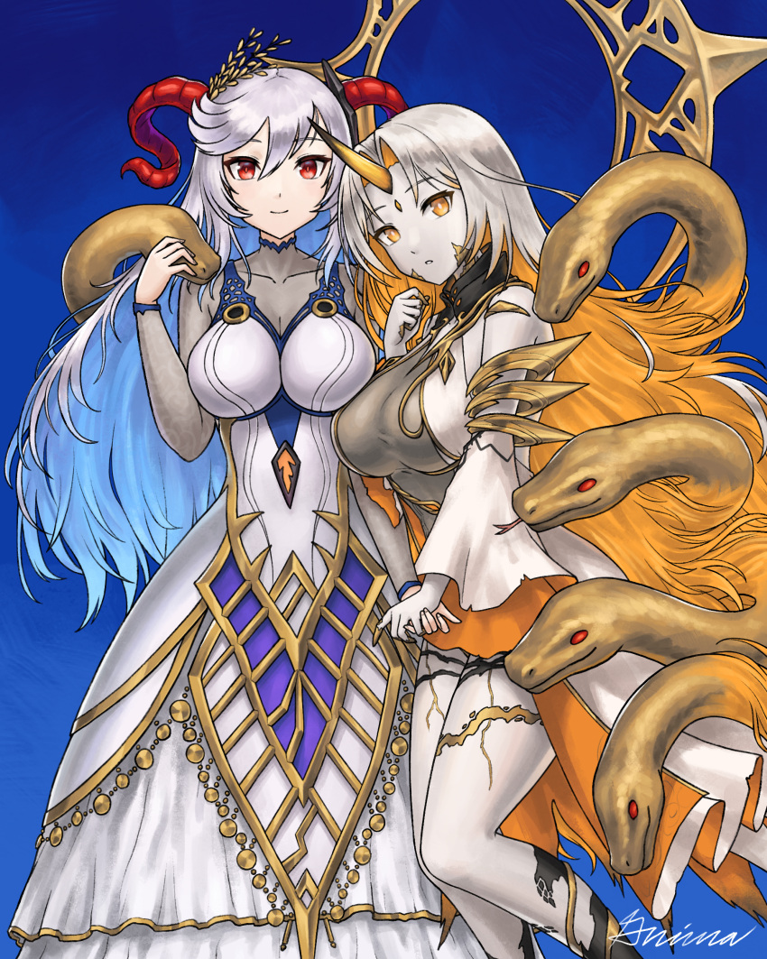 2girls absurdres blonde_hair blue_background blue_eyes bodystocking breasts collarbone colored_inner_hair curled_horns detached_sleeves dress facial_mark fire_emblem fire_emblem_heroes freyja_(fire_emblem) goat_horns grey_hair grimaisbestwaifu gullveig_(fire_emblem) hair_between_eyes highres holding_hands horns large_breasts long_hair long_sleeves looking_at_viewer mixed-language_commentary multicolored_hair multiple_girls pale_skin red_eyes red_horns signature simple_background single_horn snake snake_hair swept_bangs two-tone_hair very_long_hair white_dress yellow_eyes