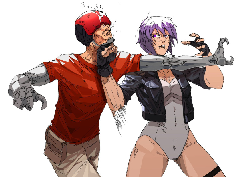 1boy black_gloves cropped_legs cyborg female fighting fingerless_gloves ghost_in_the_shell gloves highres kusanagi_motoko leotard martial_arts punching purple_eyes purple_hair raph_mavrost red_shirt shirt short_hair simple_background standing white_leotard