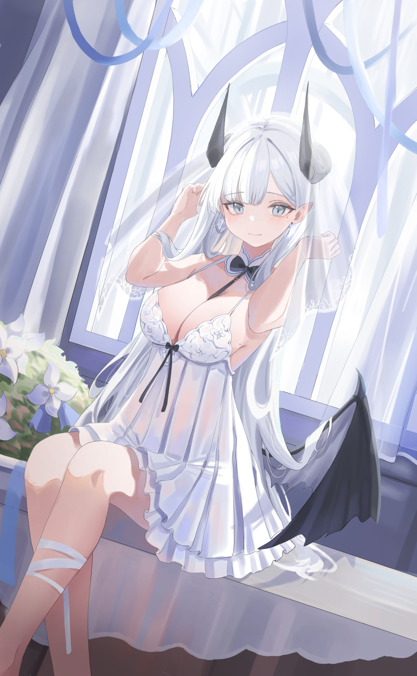 absurdres breasts cake_walker closed_mouth demon_girl demon_horns demon_wings dress female grey_eyes grey_hair highres horns indoors large_breasts long_hair original sitting white_dress white_hair wings