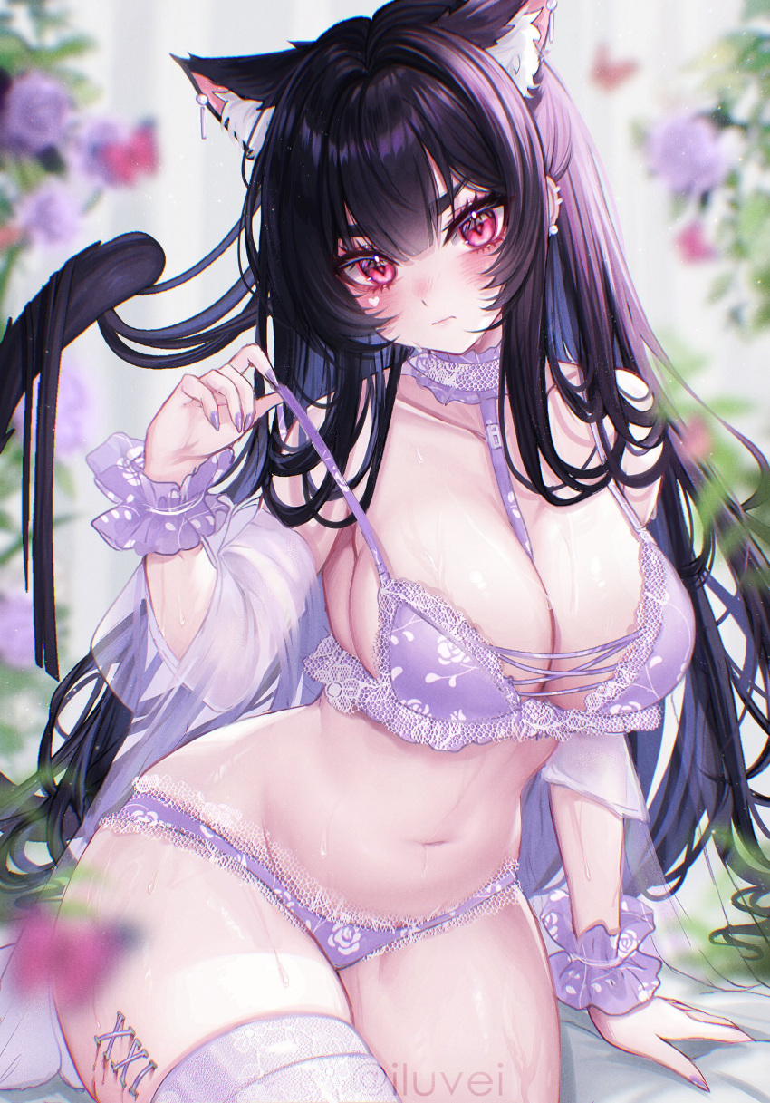 absurdres animal_ears arm_support black_hair blush bra breasts cat_ears cat_girl cat_tail choker english_commentary extra_ears female highres large_breasts lingerie long_hair looking_at_viewer navel off_shoulder open_clothes open_shirt original panties purple_bra purple_choker purple_nails purple_panties purple_thighhighs red_eyes see-through see-through_shirt shirt sitting solo tail thighhighs tifa_(iluvei) underwear wrist_cuffs