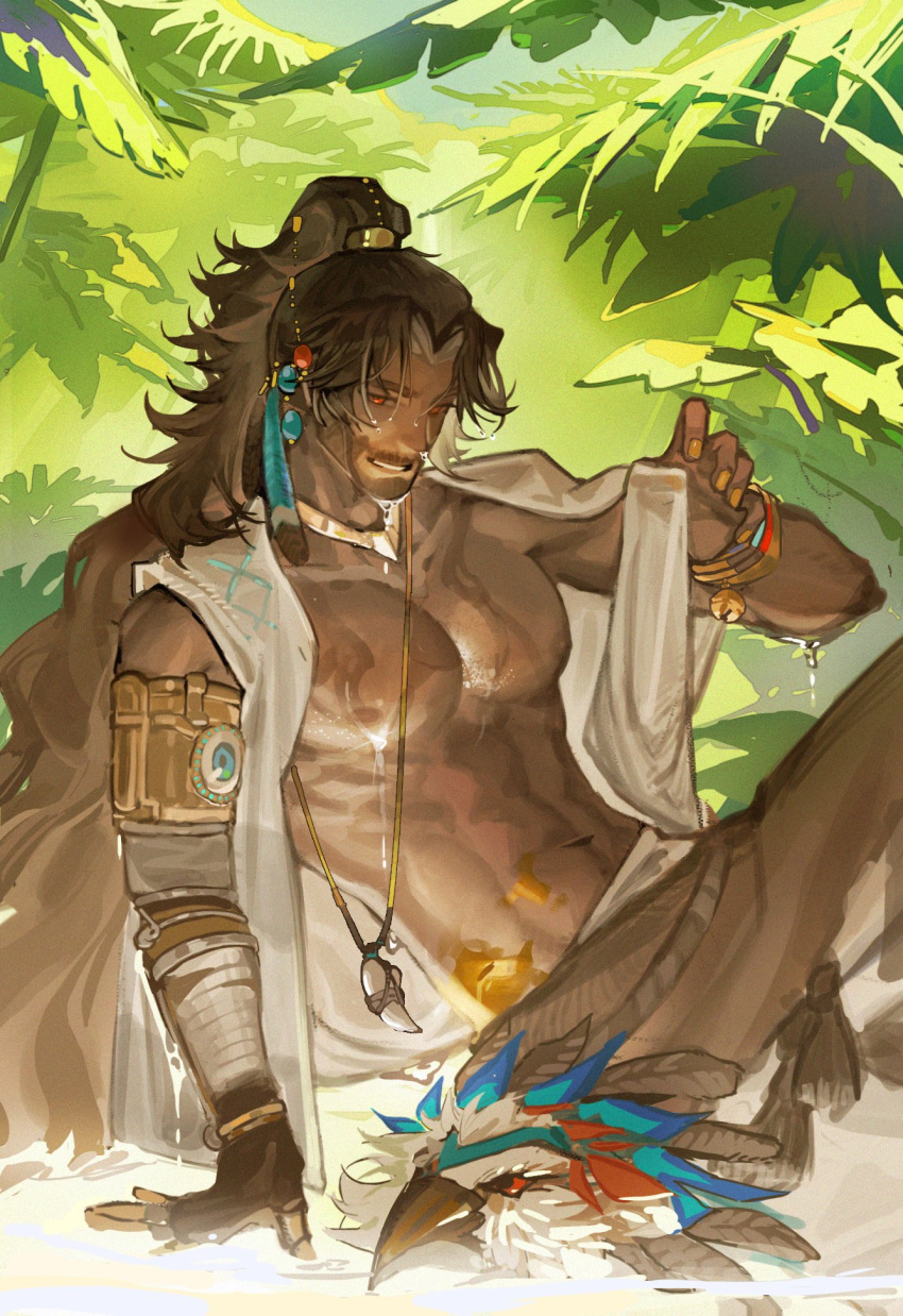 1boy abs akalinchan_(jtqehn) arm_support beard_stubble bird_mask brown_hair brown_pants cowboy_shot dark-skinned_male dark_skin facial_hair forest grin hand_up highres jewelry long_hair looking_down male_focus mask mature_male mechanical_arms muscular muscular_male nature navel necklace official_alternate_costume open_clothes open_vest pants pectorals plant ponytail prosthesis prosthetic_arm red_eyes reverse:1999 shamane single_mechanical_arm sitting smile solo stubble tooth_necklace unworn_mask very_long_hair vest white_vest