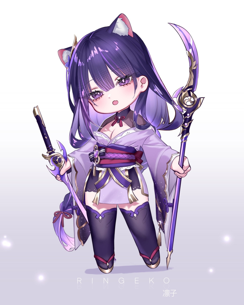 :o animal_ear_fluff animal_ears black_thighhighs breasts cat_ears chibi cleavage commentary engulfing_lightning_(genshin_impact) female full_body genshin_impact gradient_background grey_background highres holding holding_polearm holding_sword holding_weapon japanese_clothes kemonomimi_mode kimono long_hair long_sleeves mistsplitter_reforged_(genshin_impact) naginata obi oerba_yun_fang polearm purple_eyes purple_hair purple_kimono raiden_shogun ringeko-chan sash skin_fang solo standing sword thighhighs very_long_hair weapon white_background wide_sleeves