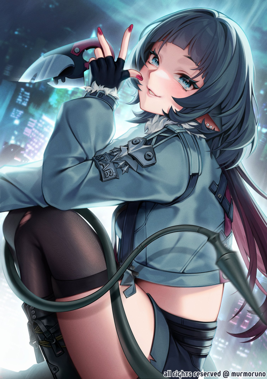 animal_ear_piercing animal_ears aqua_eyes aqua_jacket black_gloves black_hair black_shorts black_thighhighs breasts cityscape female fingerless_gloves from_side fur-trimmed_jacket fur_trim gloves highres jacket jane_doe_(zenless_zone_zero) large_breasts long_hair looking_at_viewer midriff mouse_ears mouse_girl mouse_tail multicolored_hair murmoruno parted_lips red_hair red_nails shorts tail thighhighs thighs torn_clothes torn_thighhighs two-tone_hair zenless_zone_zero