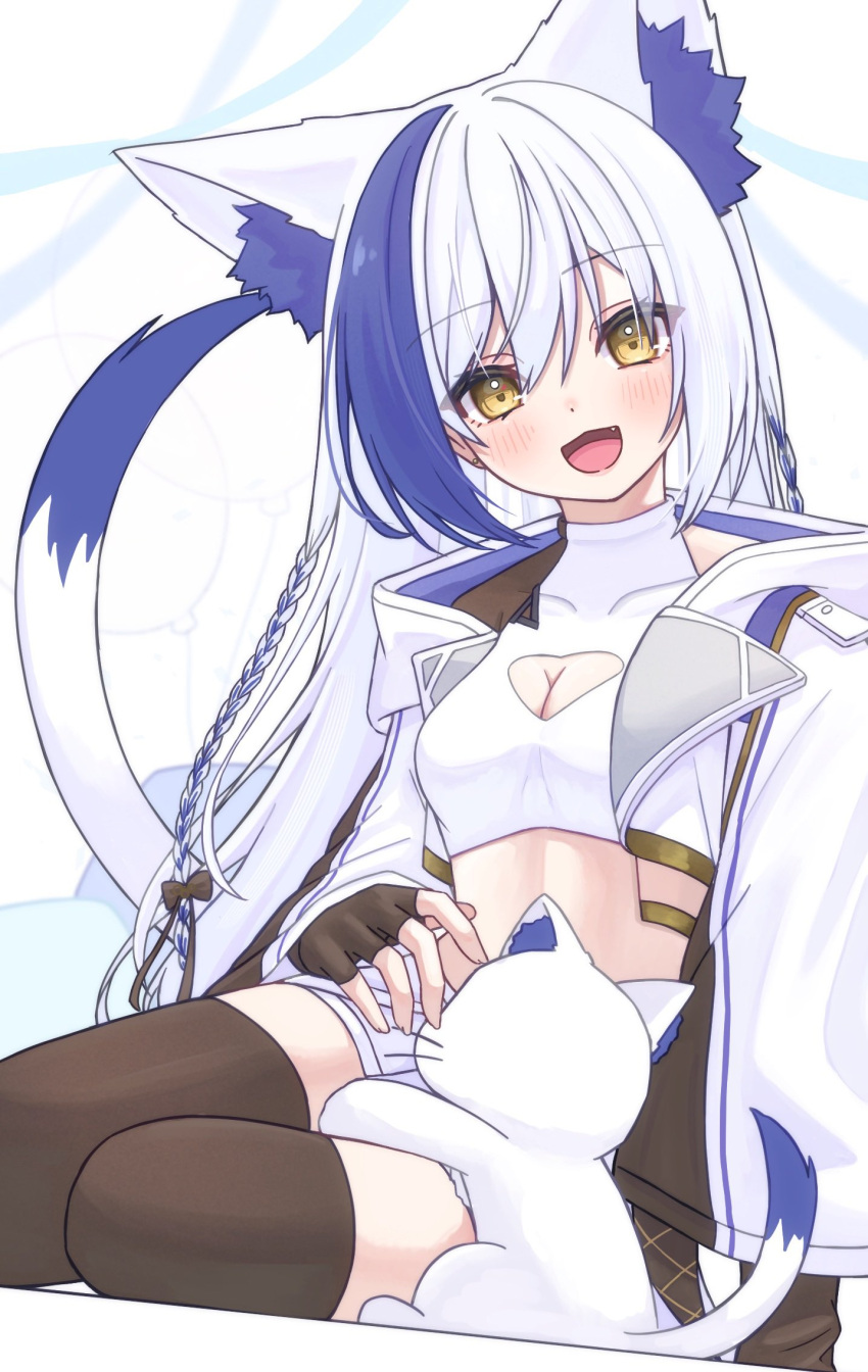 animal_ear_fluff animal_ears anku aomiya_yozuri black_gloves black_thighhighs blue_hair blush braid breasts cat_ears cat_girl cat_tail cleavage cleavage_cutout clothing_cutout commentary_request crop_top feline fingerless_gloves gloves hair_between_eyes highres jacket long_hair looking_at_viewer open_clothes open_jacket open_mouth shirt sidelocks single_braid sitting skirt small_breasts tail thighhighs vee_(vtuber) wariza white_hair white_jacket white_shirt white_skirt yellow_eyes zettai_ryouiki