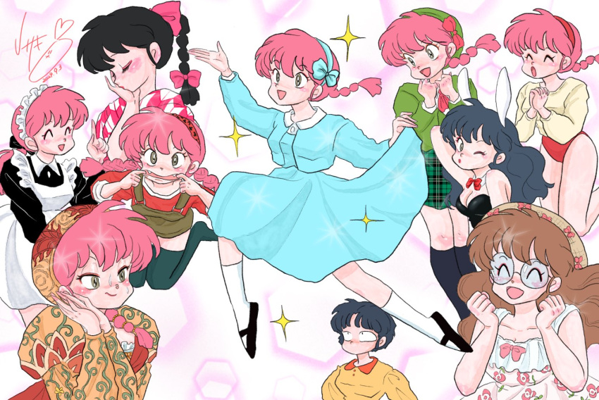 apron blush buruma dress glasses hairband japanese_clothes kimono kneehighs maid_apron multiple_girls pig_tail pink_hair plaid_clothes plaid_skirt playboy_bunny print_kimono ranma-chan ranma_1/2 simple_background skirt socks sundress tail tendou_akane thighhighs usaki_rumic white_socks