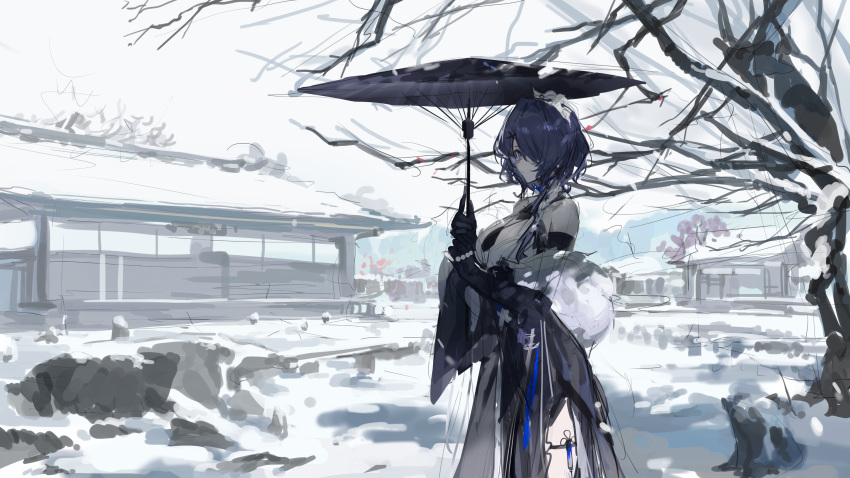 absurdres arknights bare_shoulders black_dress black_gloves breasts dress elbow_gloves female gloves hair_ornament hair_over_one_eye highres holding holding_umbrella house large_breasts looking_at_viewer off_shoulder official_alternate_costume one_eye_covered outdoors purple_eyes purple_hair qingfeng_canying short_hair snow snowing solo tree umbrella whisperain_(arknights) whisperain_(tremble_cold)_(arknights) winter